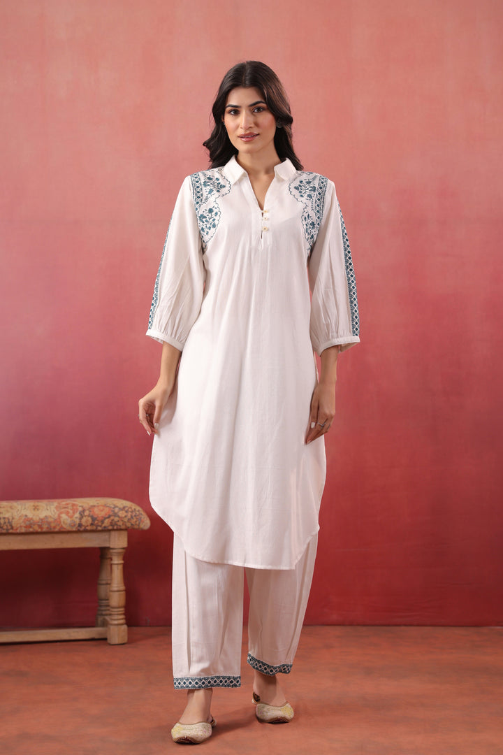 White Cotton Embroidered Kurta Pant Set
