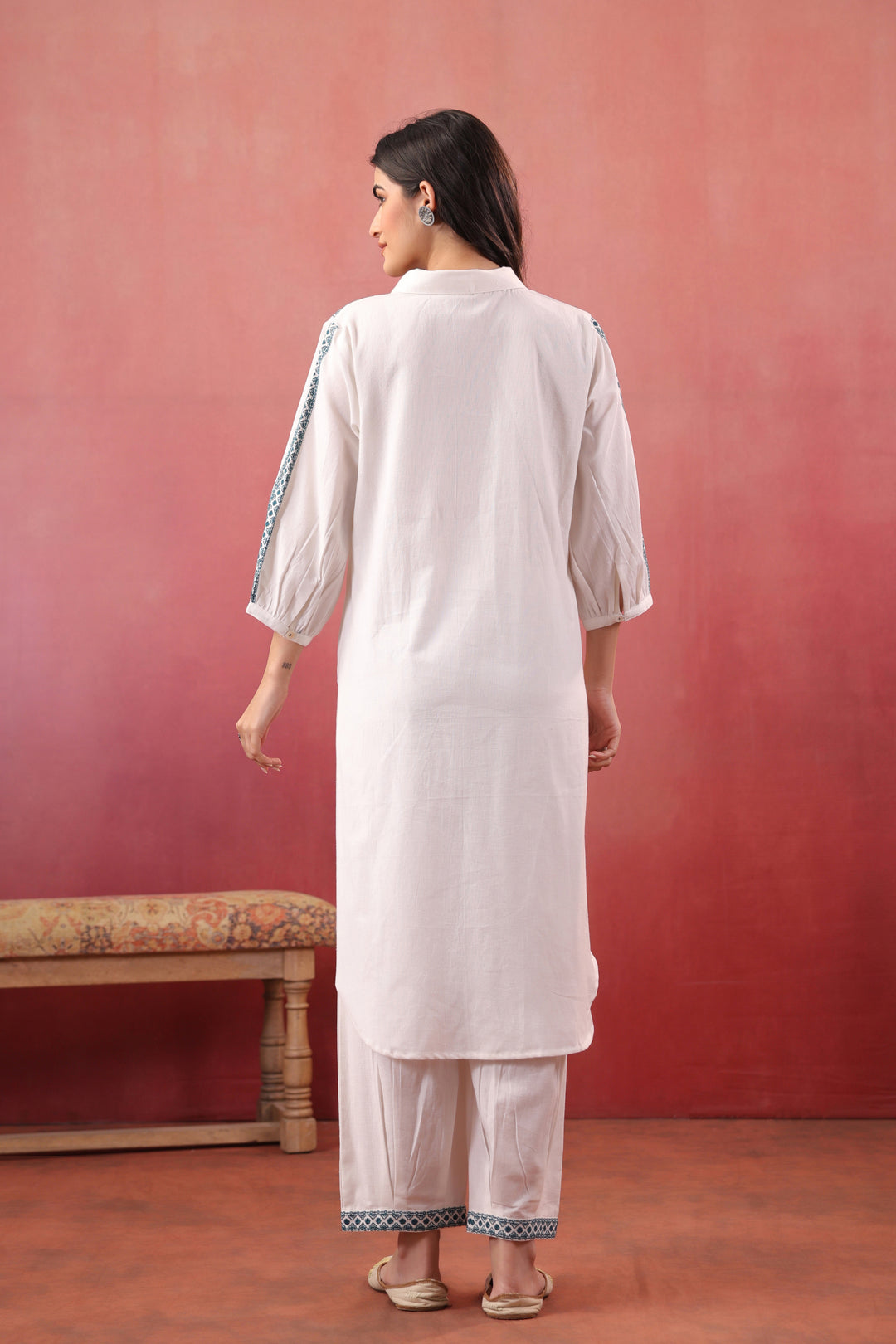 White Cotton Embroidered Kurta Pant Set