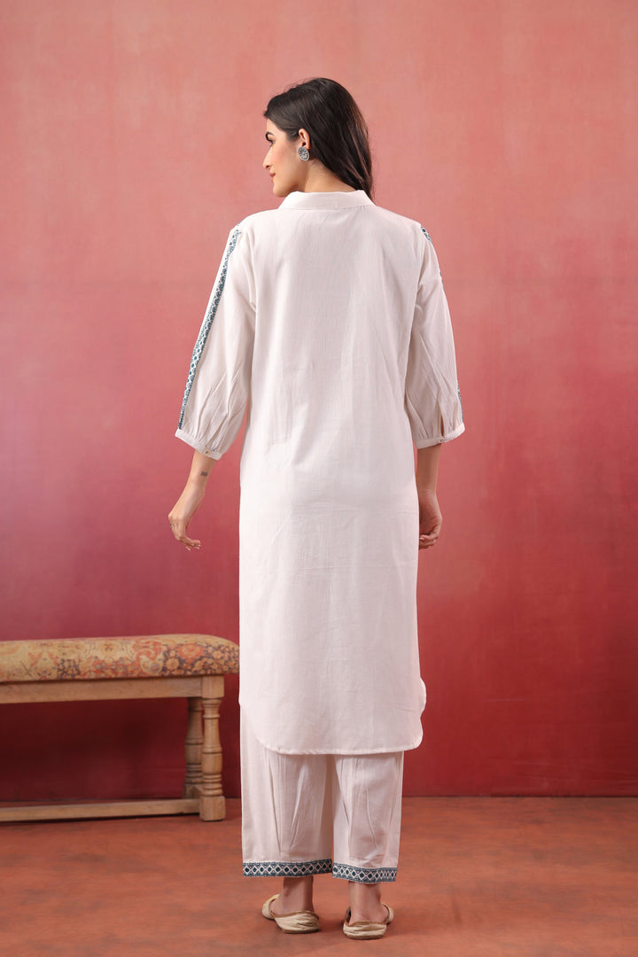 White Cotton Embroidered Kurta Pant Set
