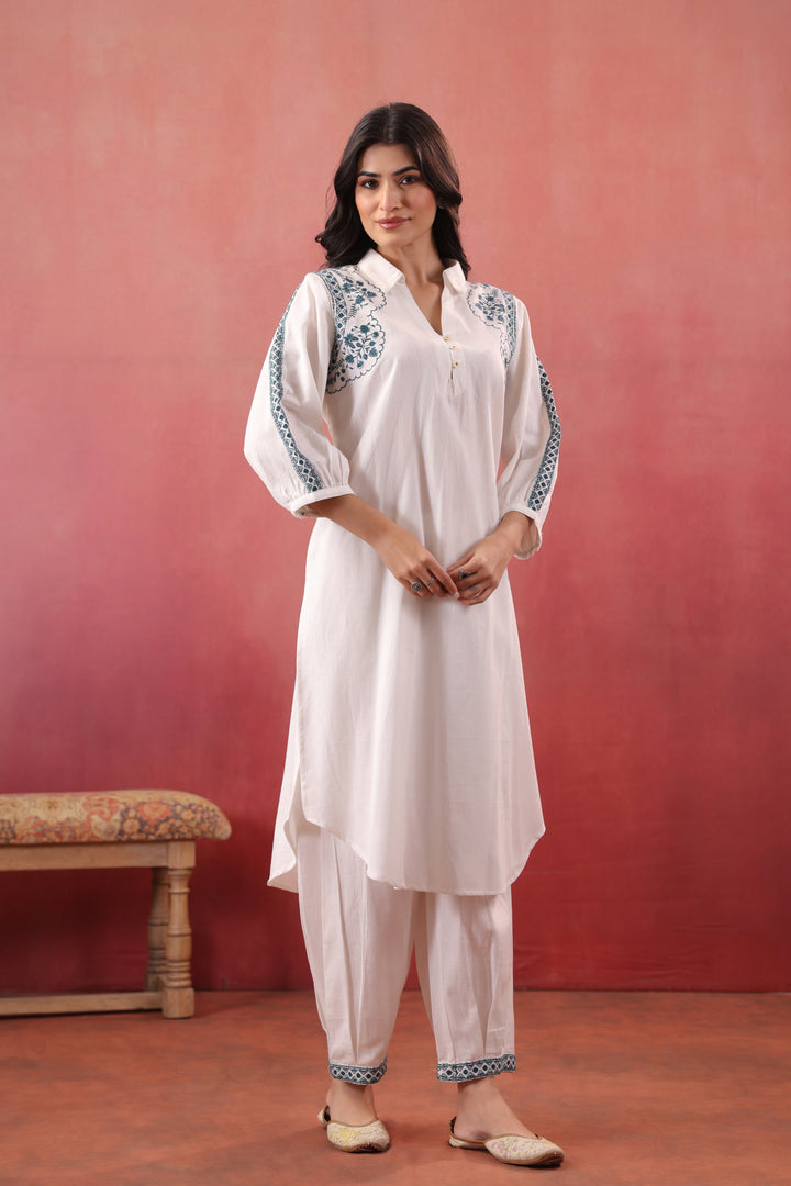 White Cotton Embroidered Kurta Pant Set