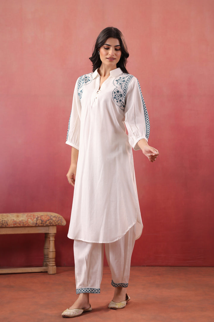 White Cotton Embroidered Kurta Pant Set