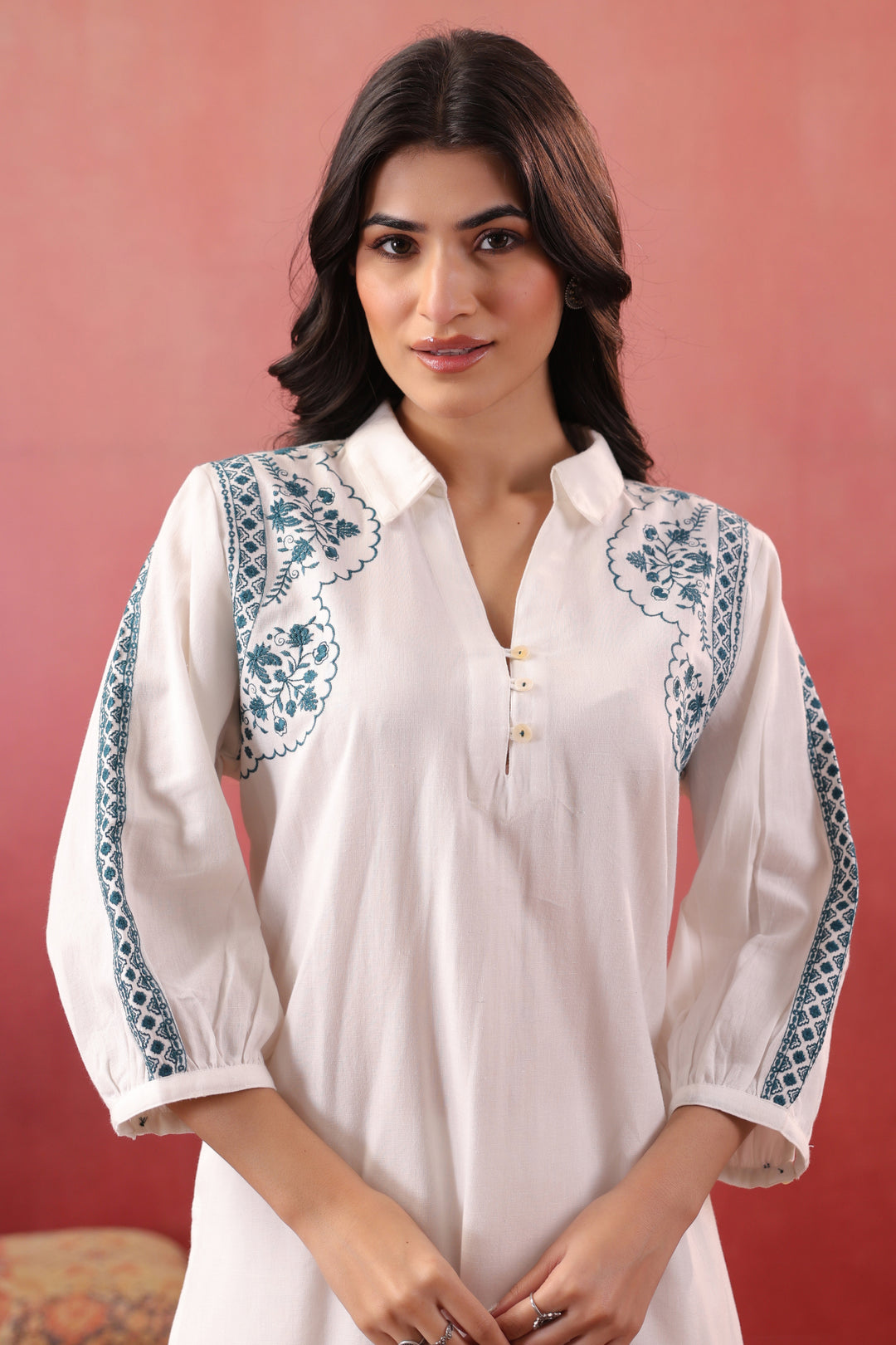 White Cotton Embroidered Kurta Pant Set