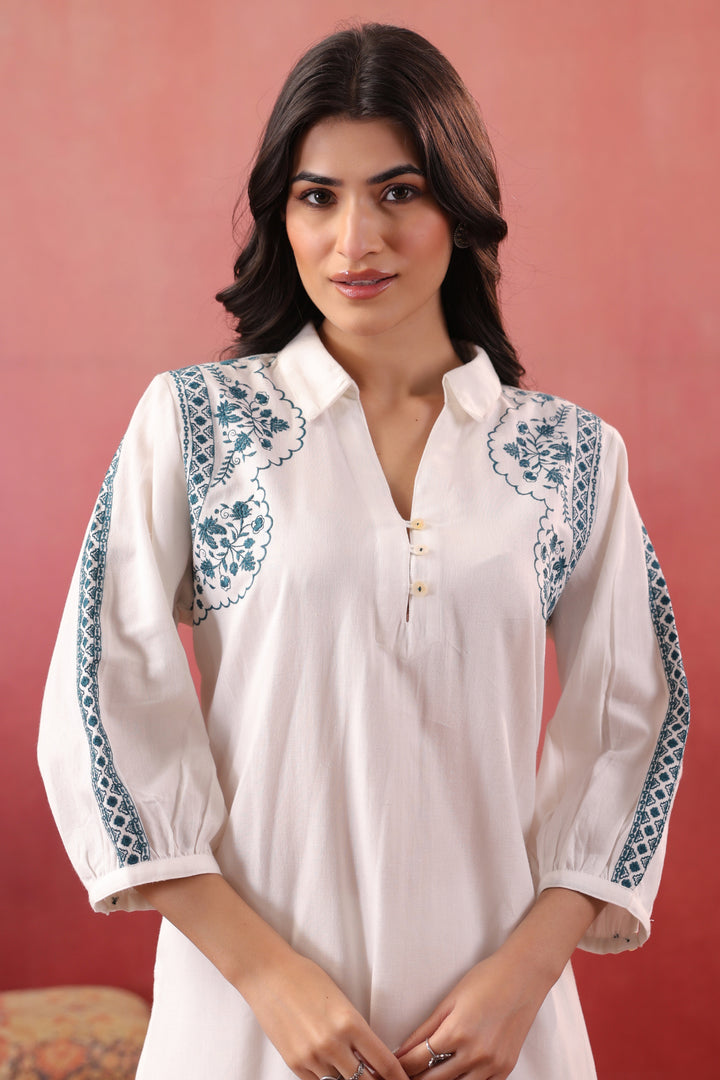 White Cotton Embroidered Kurta Pant Set