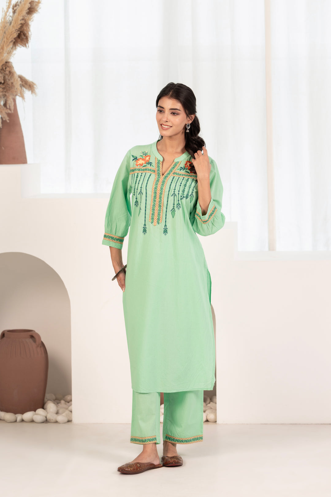 Green Cotton Floral Embroidered Kurta Pant Set