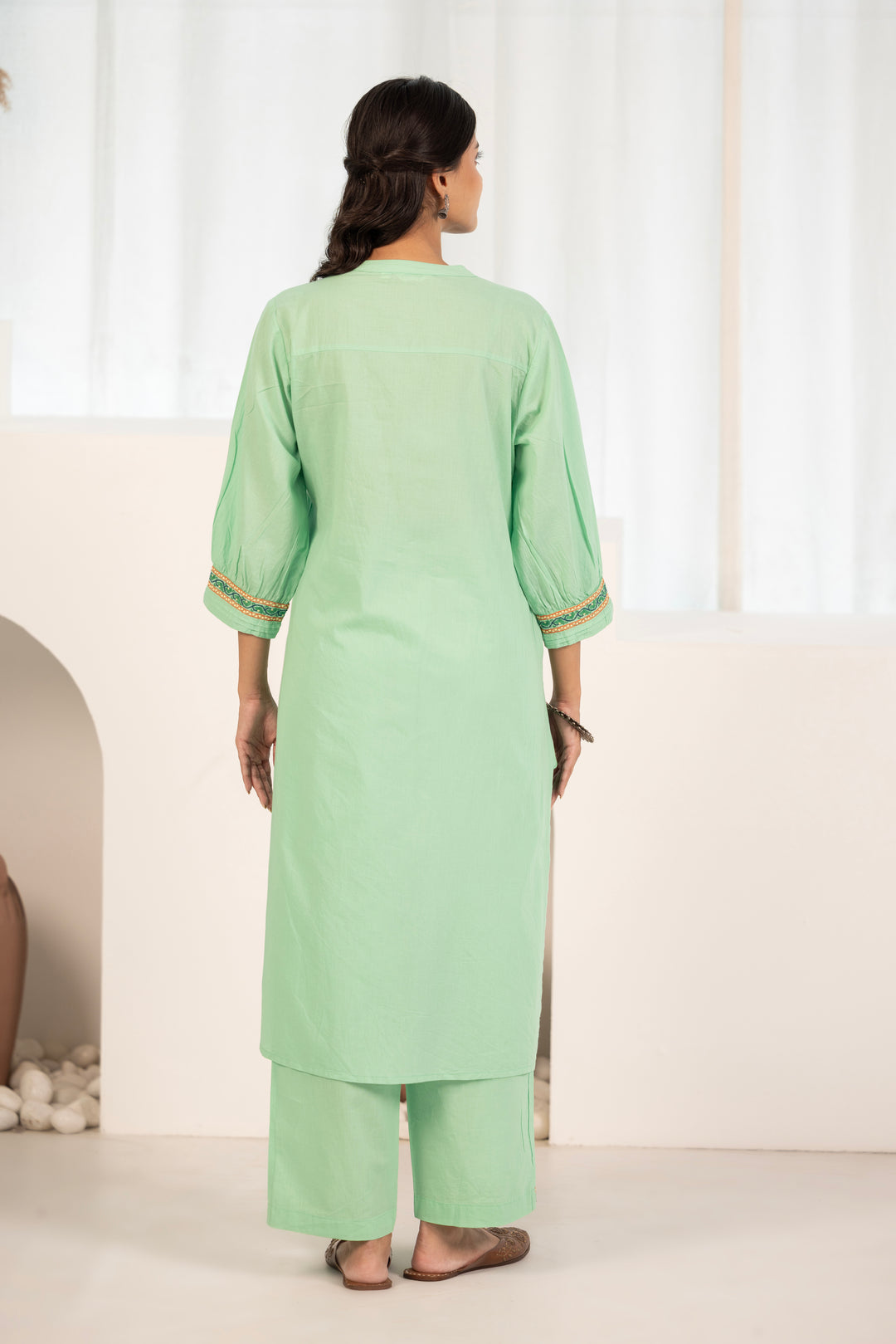 Green Cotton Floral Embroidered Kurta Pant Set