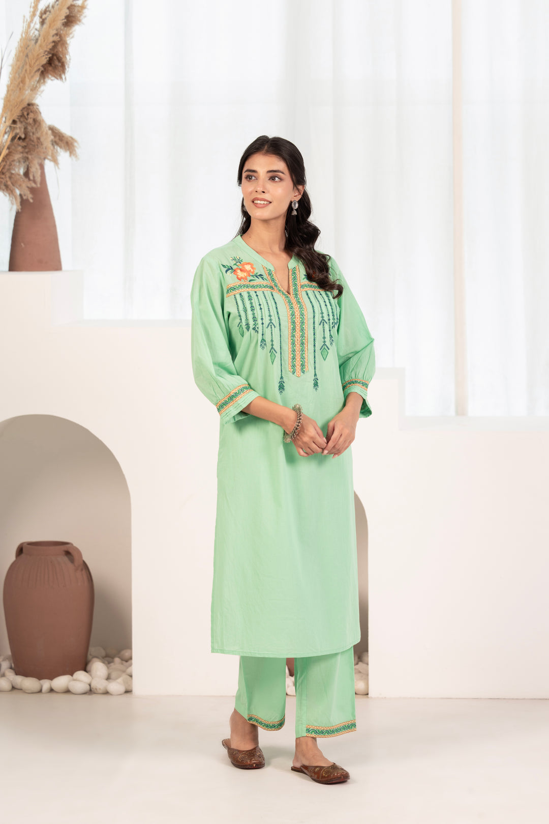 Green Cotton Floral Embroidered Kurta Pant Set
