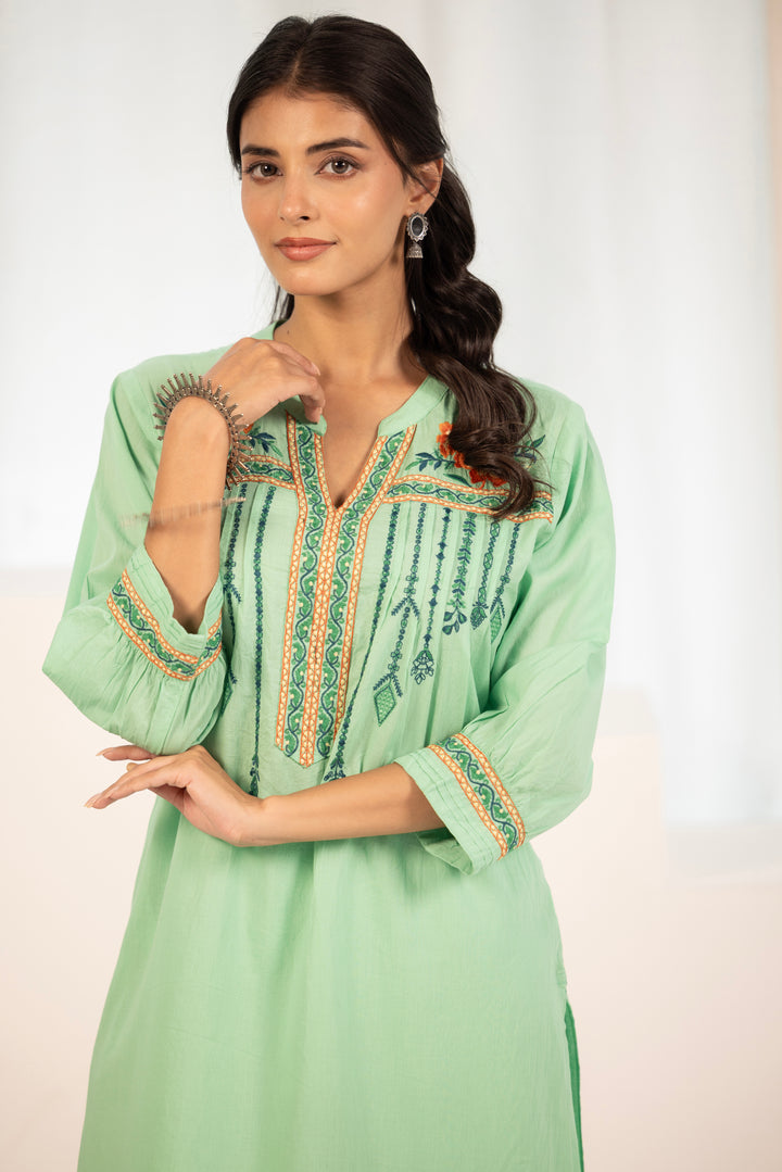 Green Cotton Floral Embroidered Kurta Pant Set