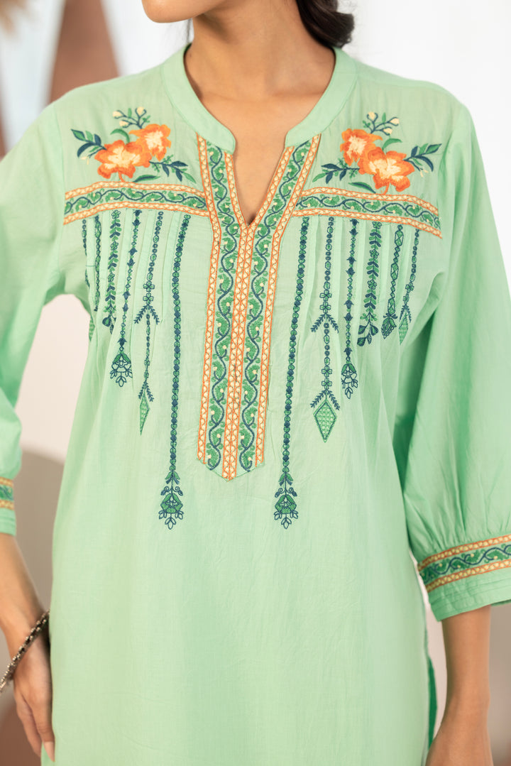 Green Cotton Floral Embroidered Kurta Pant Set
