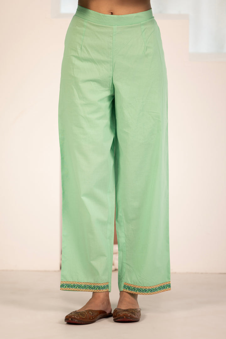 Green Cotton Floral Embroidered Kurta Pant Set