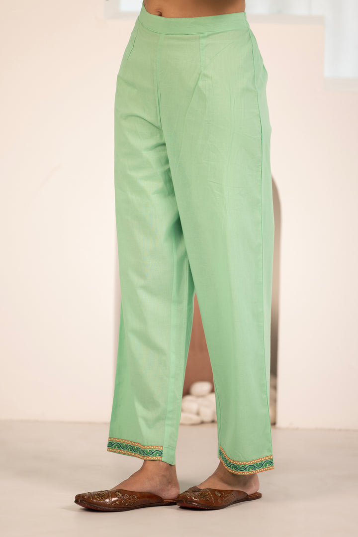 Green Cotton Floral Embroidered Kurta Pant Set