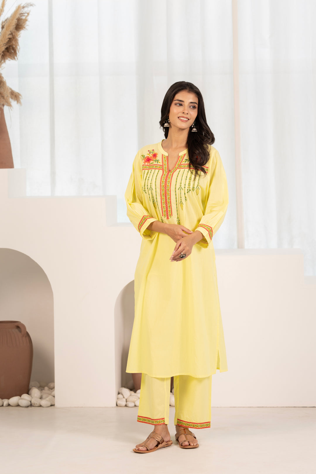 Yellow Cotton Floral Embroidered Kurta Pant Set