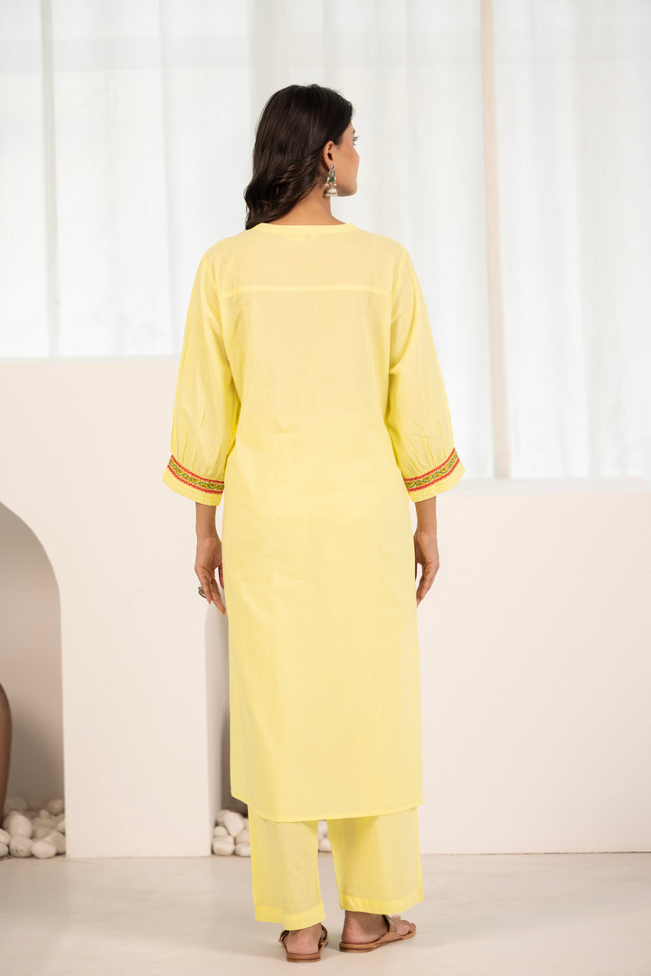 Yellow Cotton Floral Embroidered Kurta Pant Set