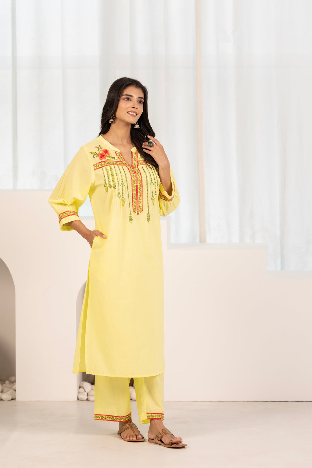 Yellow Cotton Floral Embroidered Kurta Pant Set