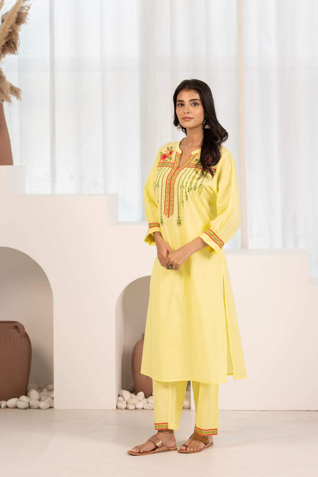 Yellow Cotton Floral Embroidered Kurta Pant Set