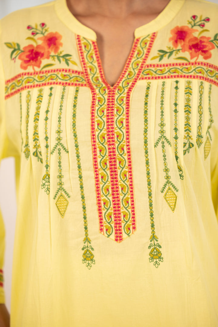 Yellow Cotton Floral Embroidered Kurta Pant Set