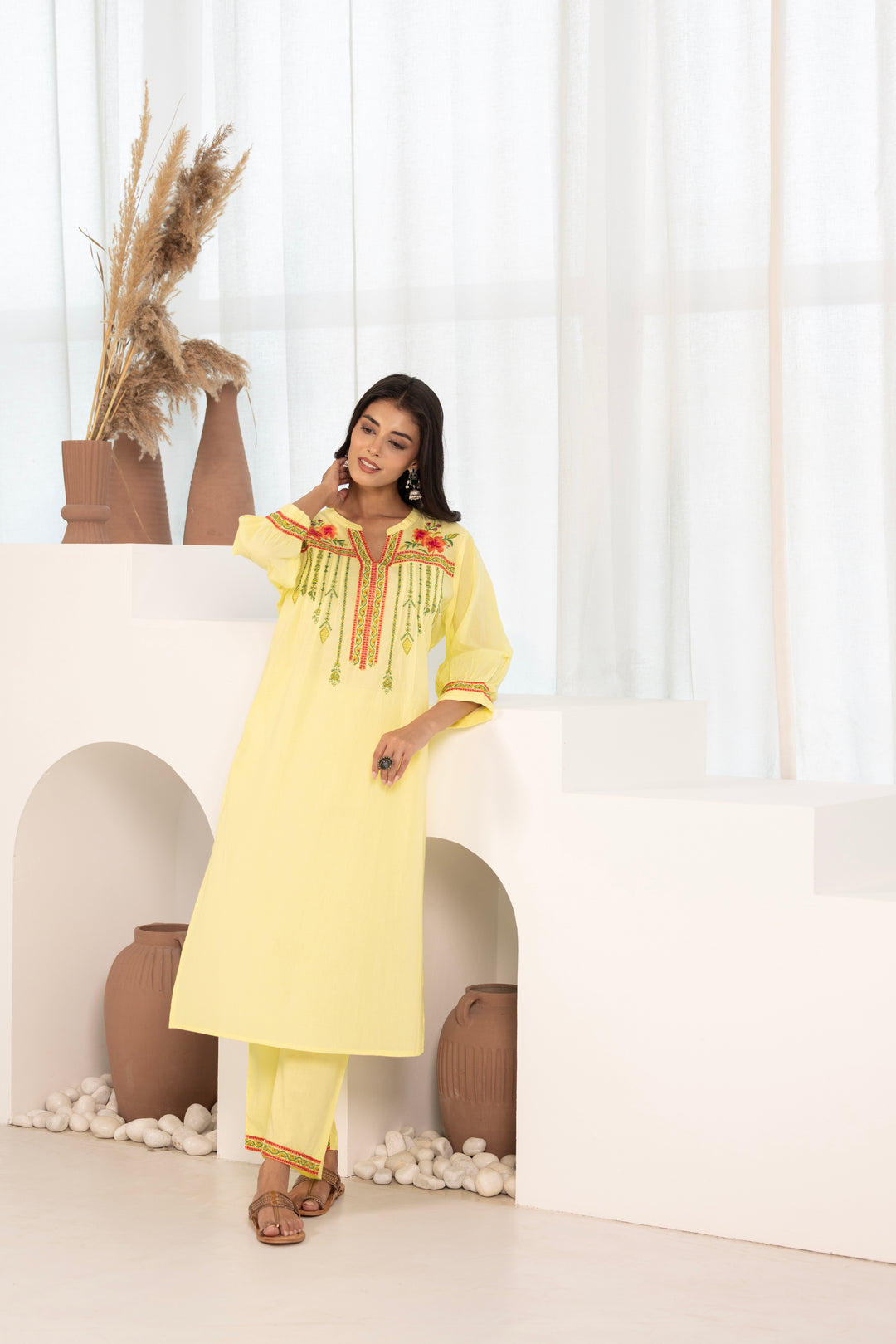 Yellow Cotton Floral Embroidered Kurta Pant Set