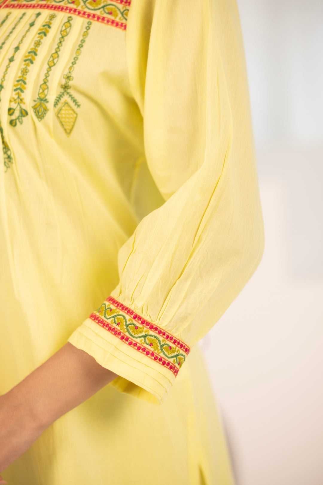 Yellow Cotton Floral Embroidered Kurta Pant Set