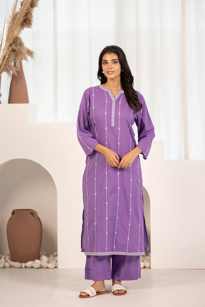 Purple Cotton Embroidered Designer Kurta Pant Set