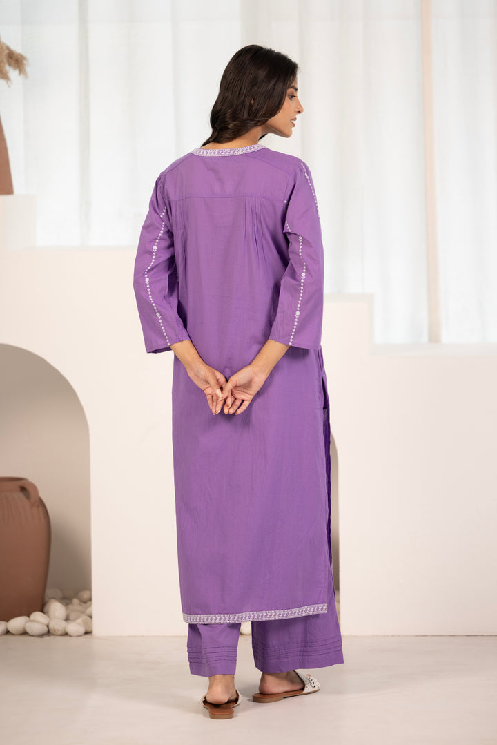 Purple Cotton Embroidered Designer Kurta Pant Set