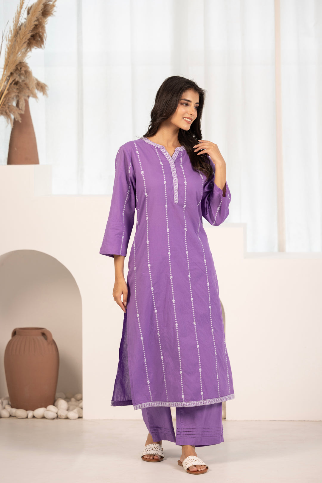 Purple Cotton Embroidered Designer Kurta Pant Set