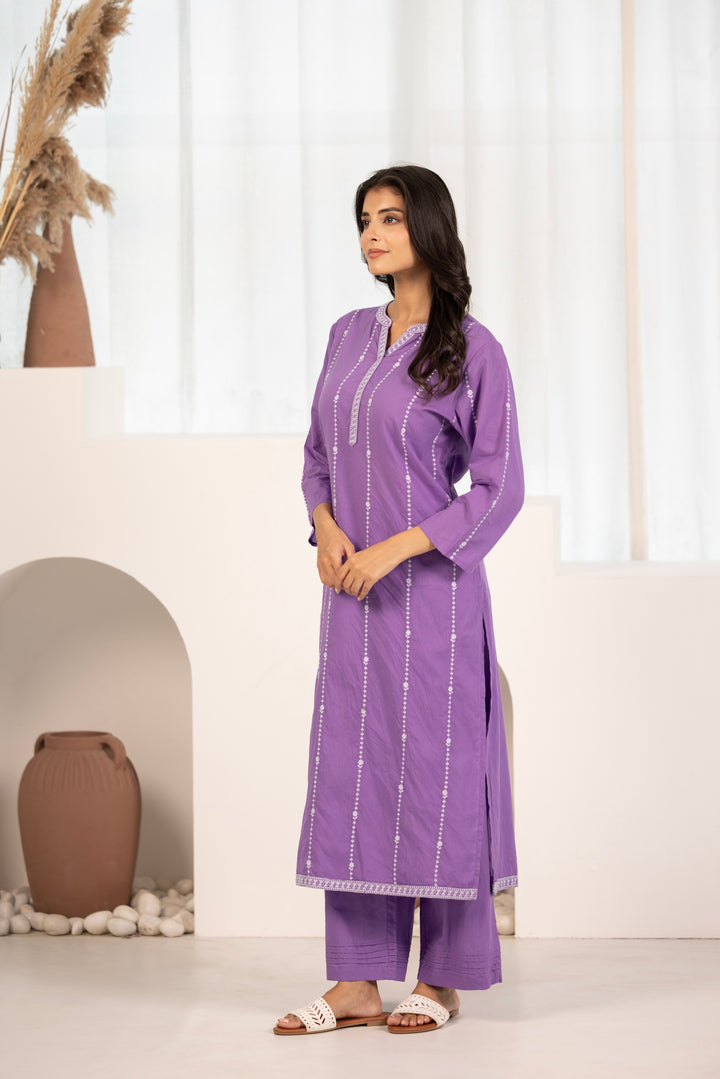 Purple Cotton Embroidered Designer Kurta Pant Set