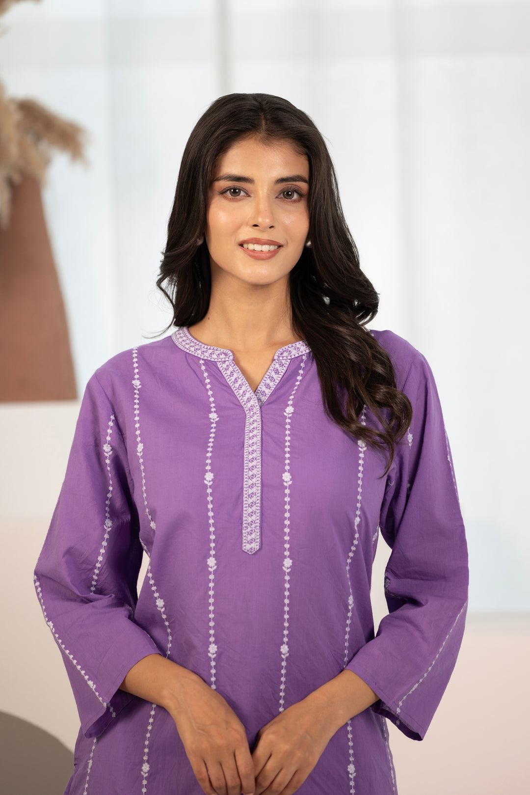 Purple Cotton Embroidered Designer Kurta Pant Set