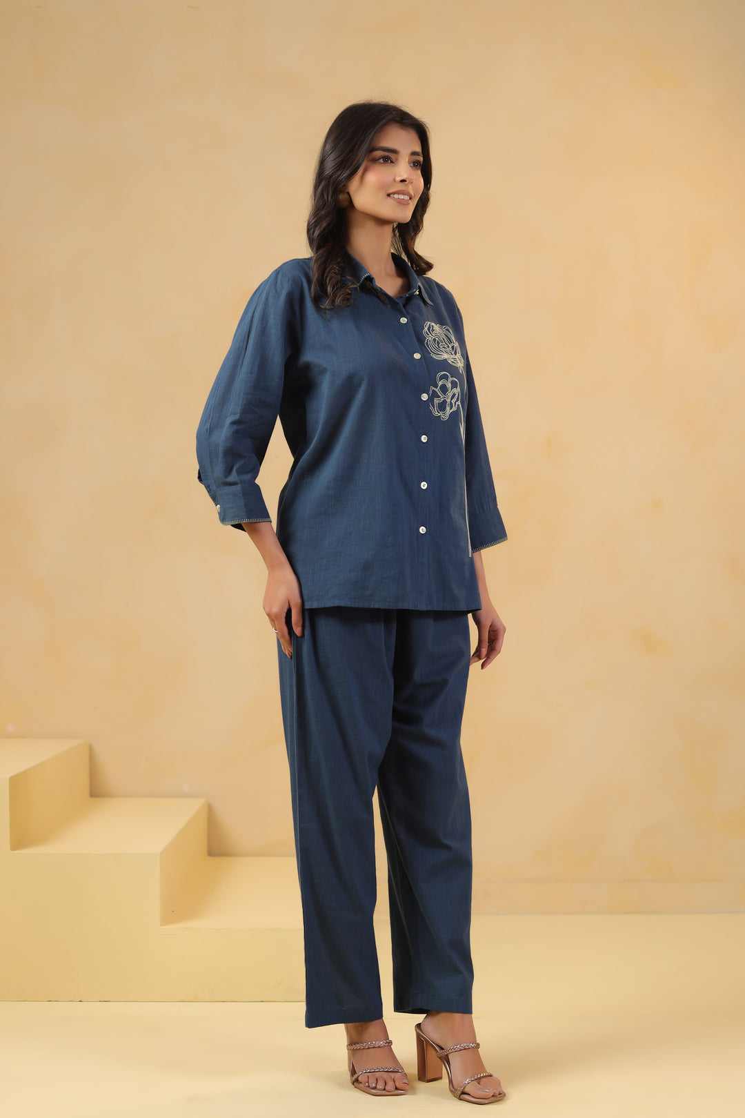 Blue Cotton Embroidery Designer Co ords Set