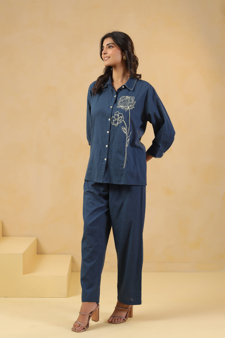 Blue Cotton Embroidery Designer Co ords Set