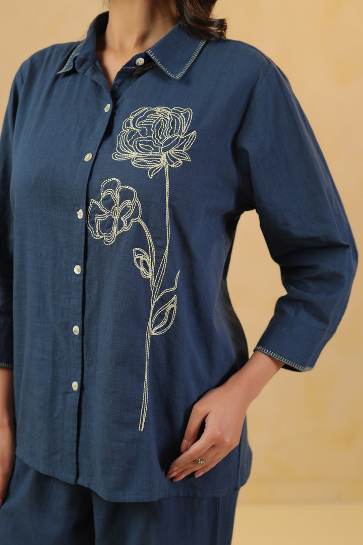 Blue Cotton Embroidery Designer Co ords Set