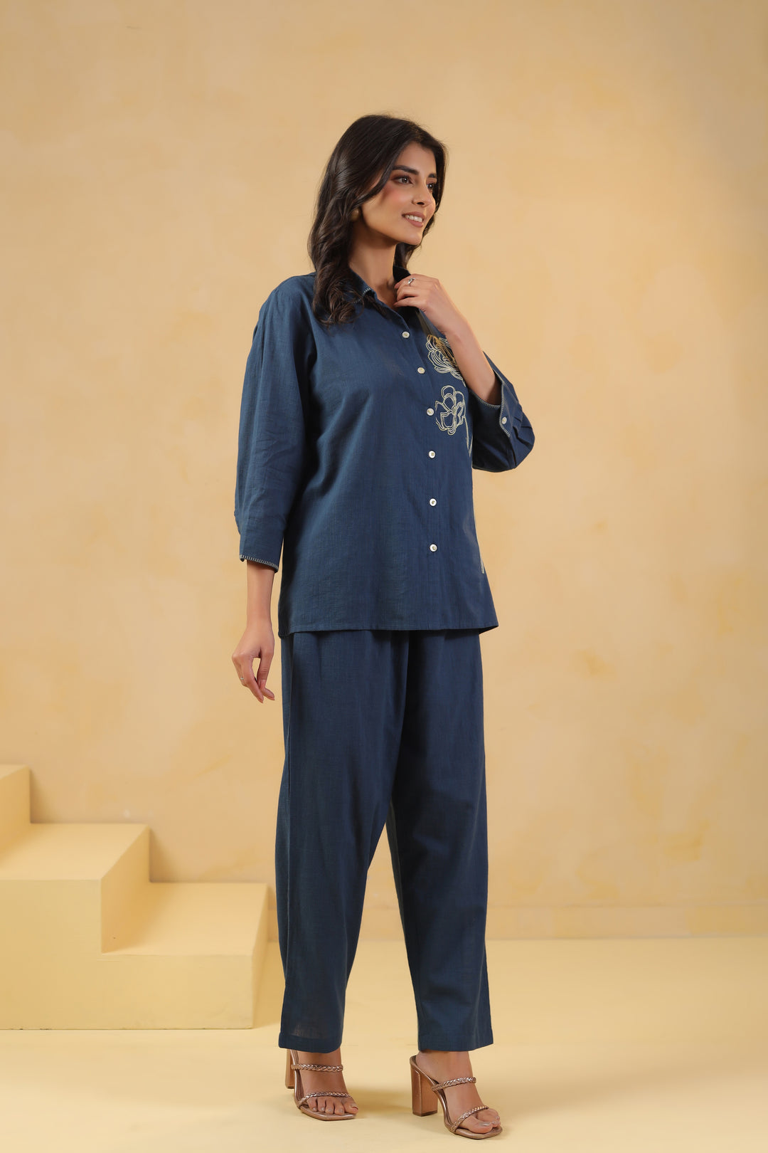 Blue Cotton Embroidery Designer Co ords Set