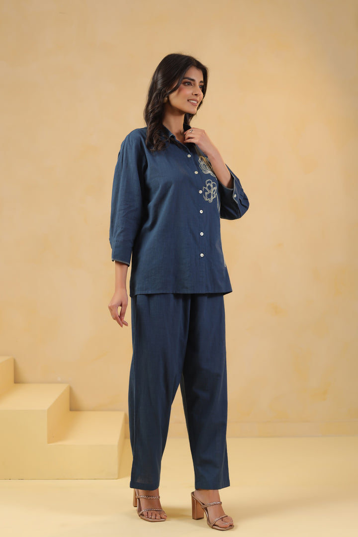 Blue Cotton Embroidery Designer Co ords Set