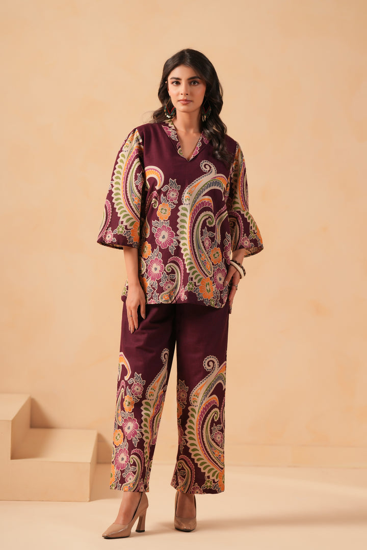 Cotton Flex Wine Designer Printed Co-Ord Set