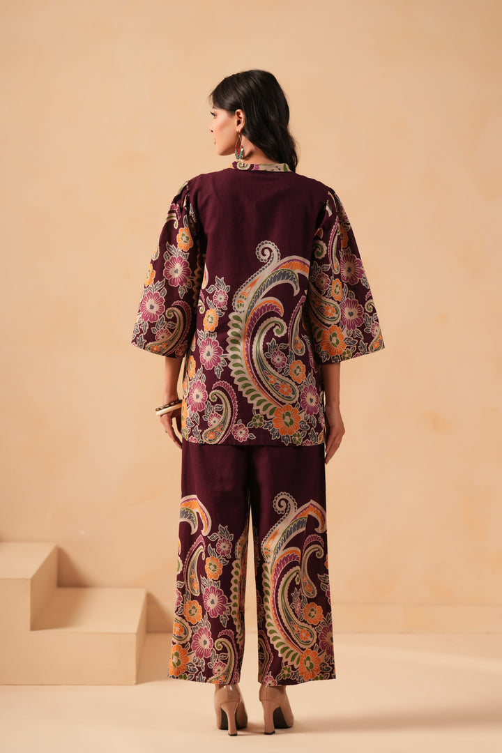 Cotton Flex Wine Designer Printed Co-Ord Set