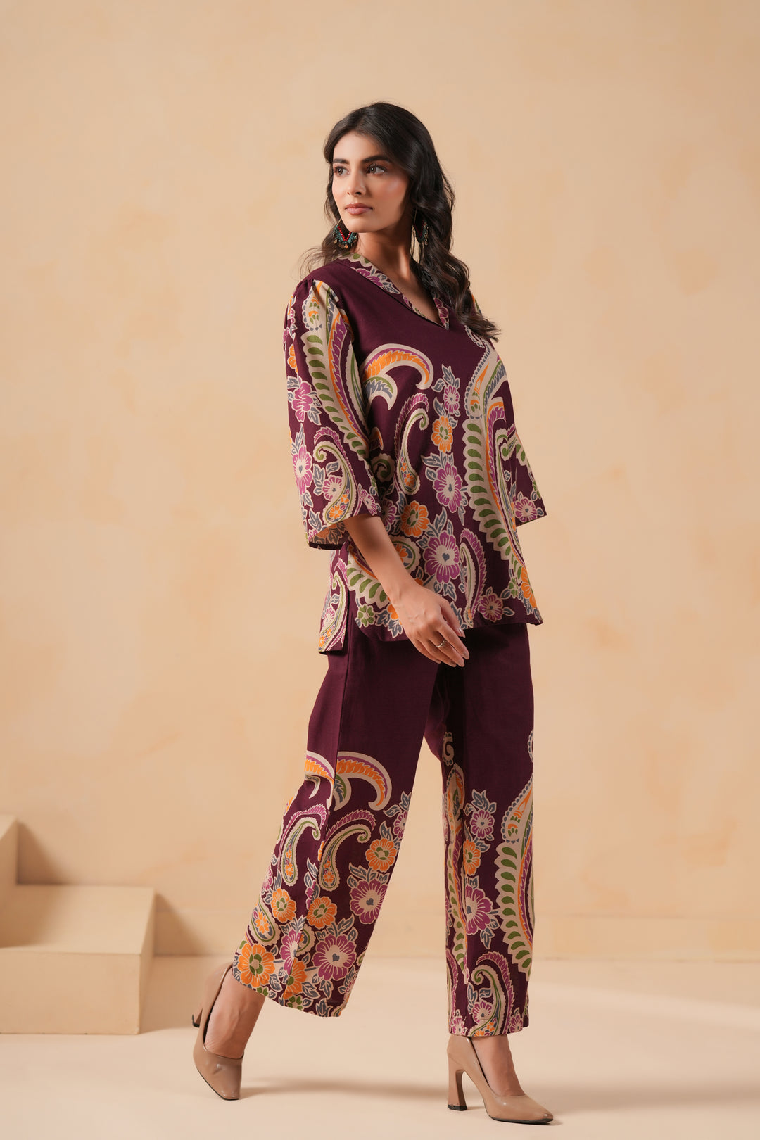 Cotton Flex Wine Designer Printed Co-Ord Set