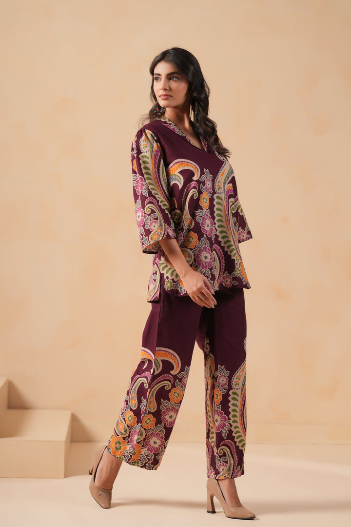 Cotton Flex Wine Designer Printed Co-Ord Set