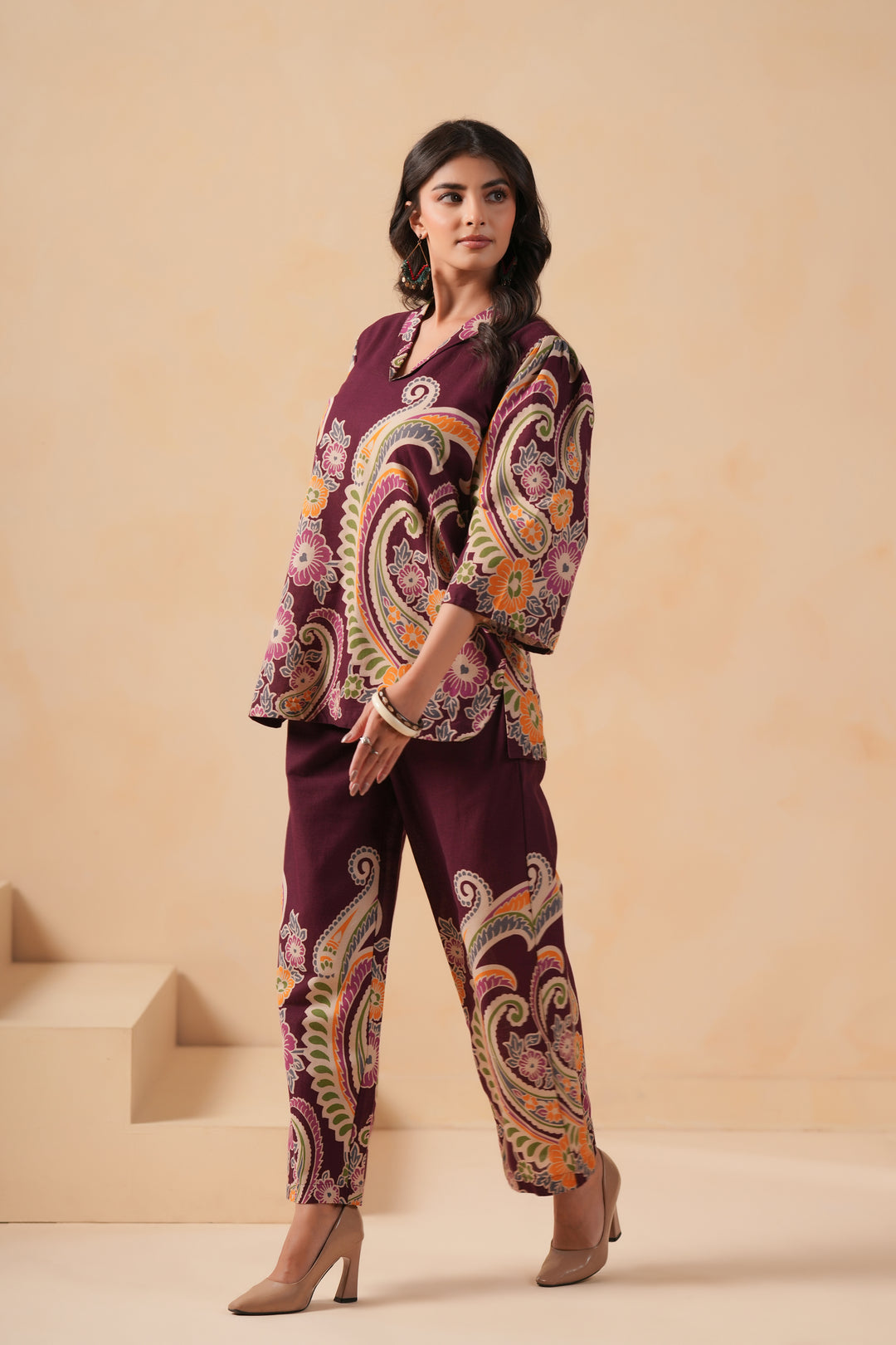 Cotton Flex Wine Designer Printed Co-Ord Set