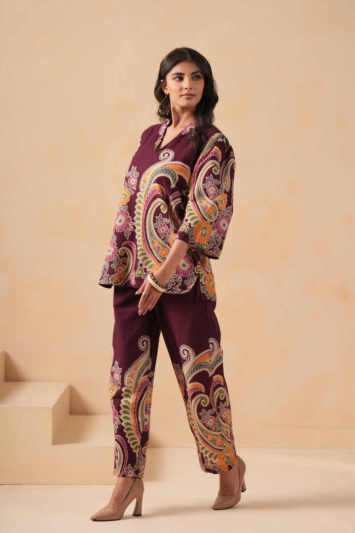 Cotton Flex Wine Designer Printed Co-Ord Set