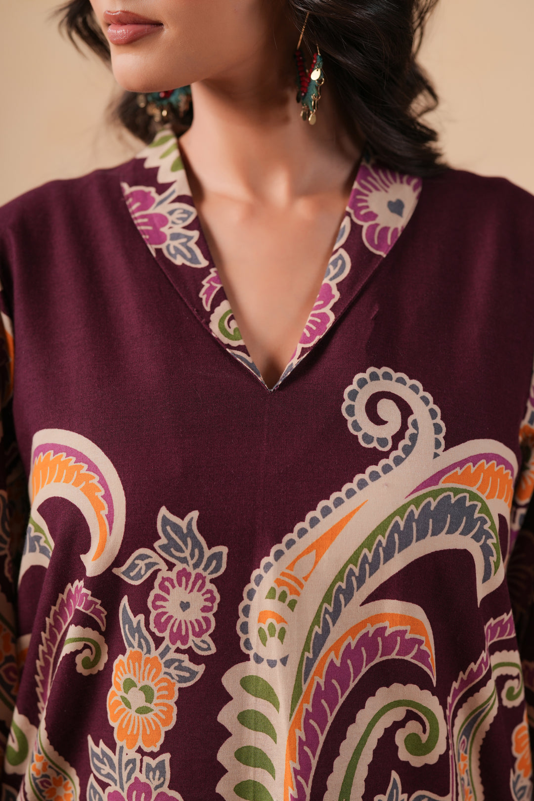 Cotton Flex Wine Designer Printed Co-Ord Set