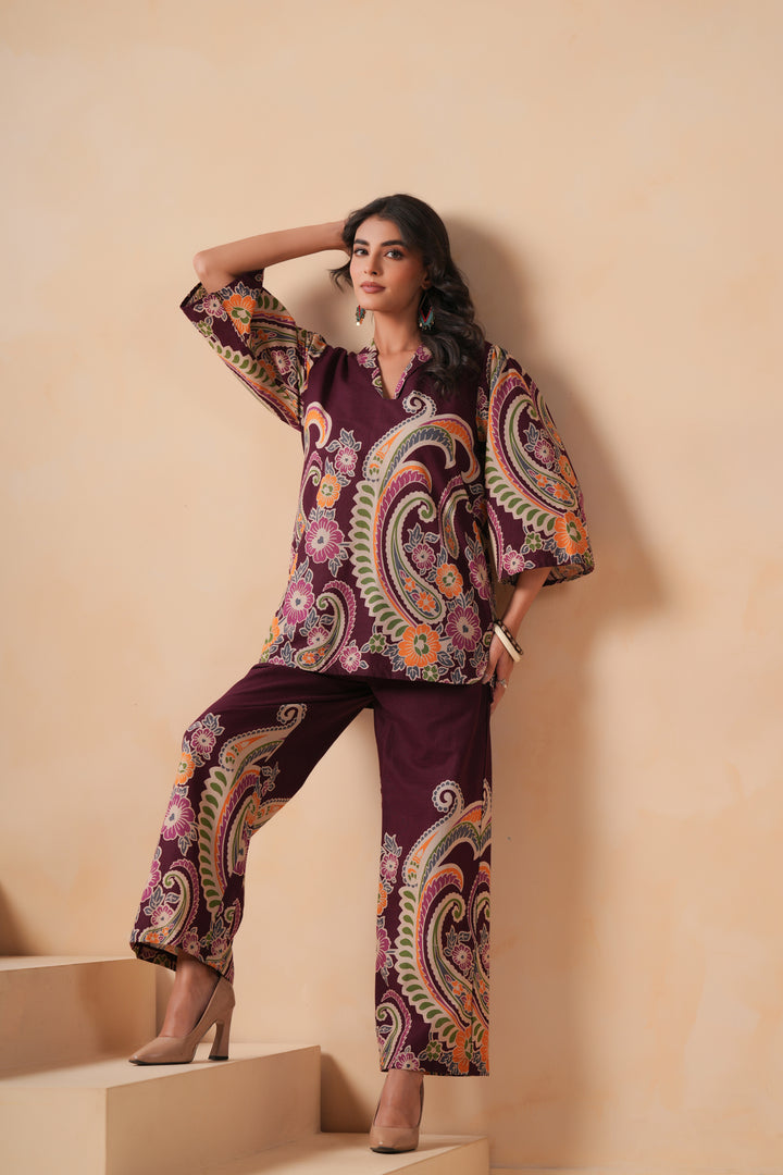 Cotton Flex Wine Designer Printed Co-Ord Set