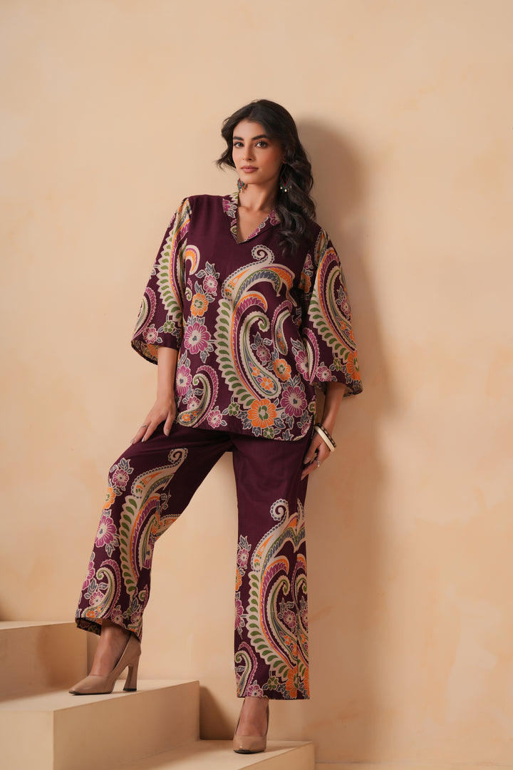 Cotton Flex Wine Designer Printed Co-Ord Set