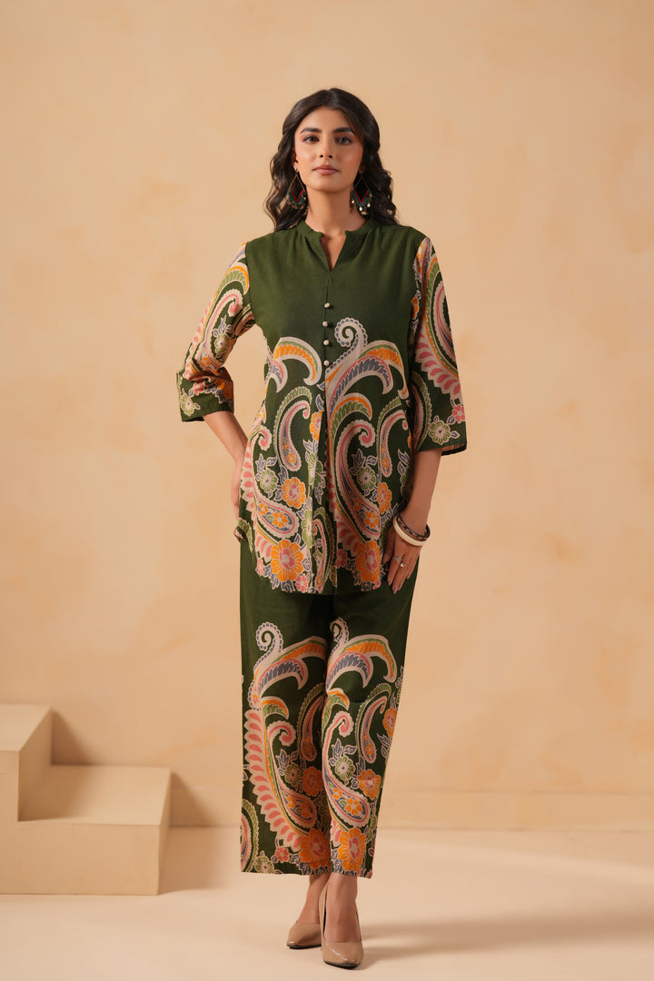 Cotton Flex Dark Green Designer Printed Co-Ord Set