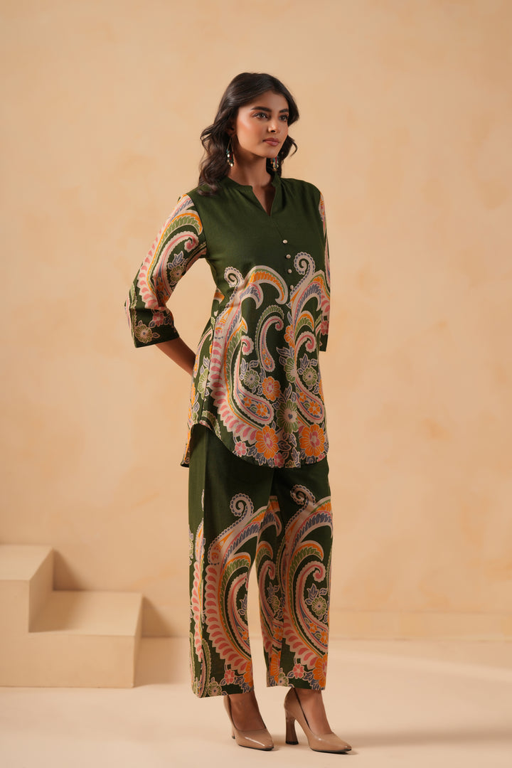 Cotton Flex Dark Green Designer Printed Co-Ord Set