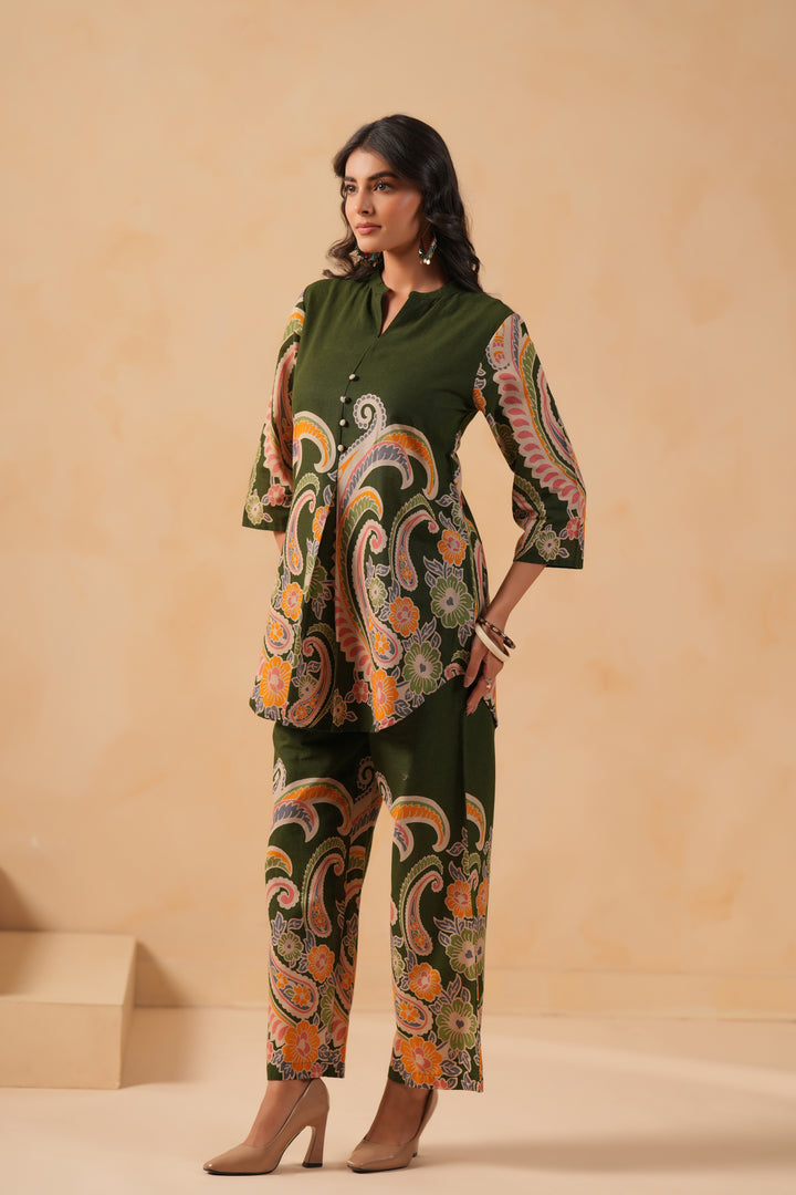 Cotton Flex Dark Green Designer Printed Co-Ord Set