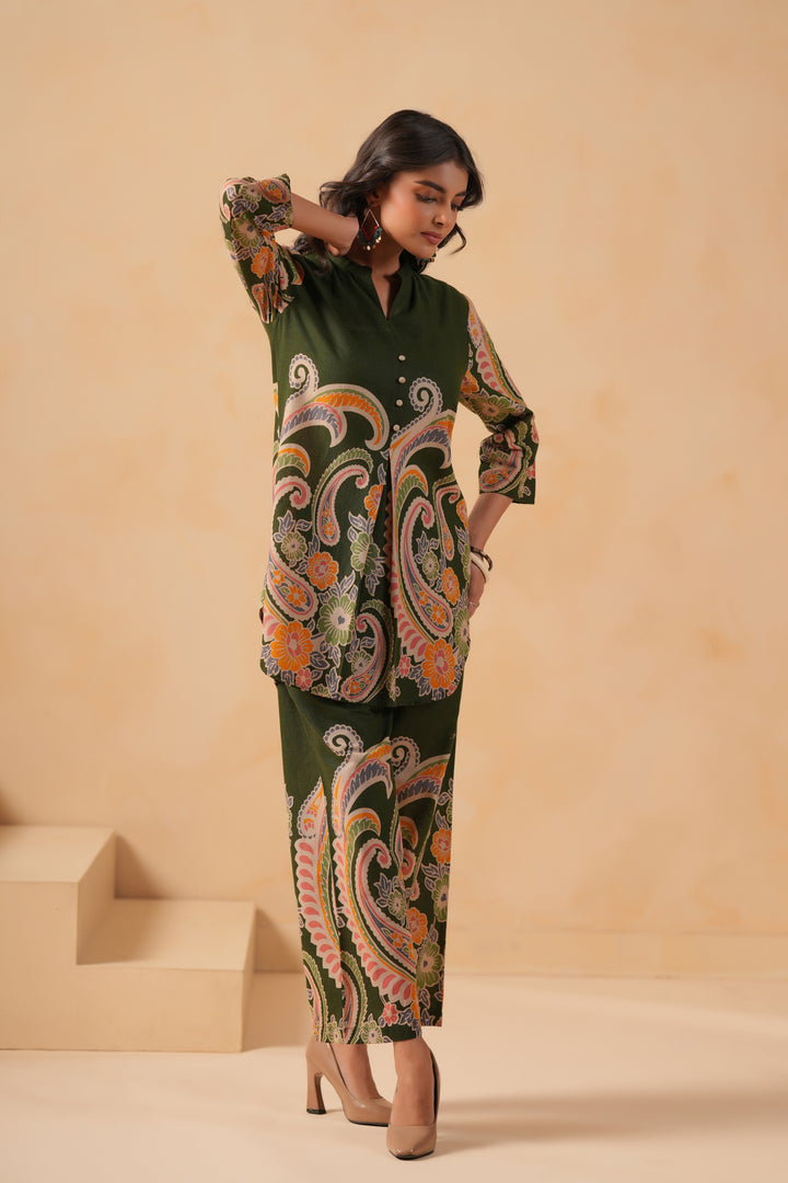 Cotton Flex Dark Green Designer Printed Co-Ord Set