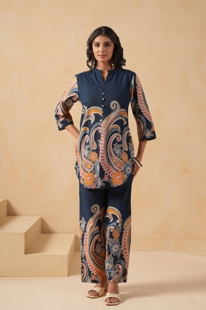 Blue Cotton Flex Designer Printed Co-Ord Set