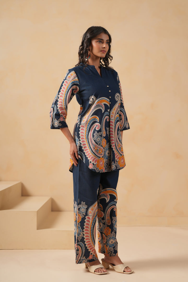 Blue Cotton Flex Designer Printed Co-Ord Set