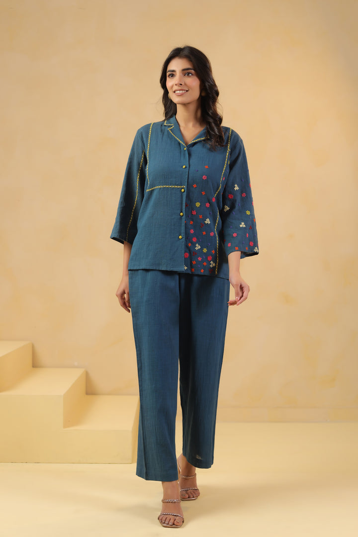 Teal Blue Cotton Flex Embroidered Designer Co-Ord Set