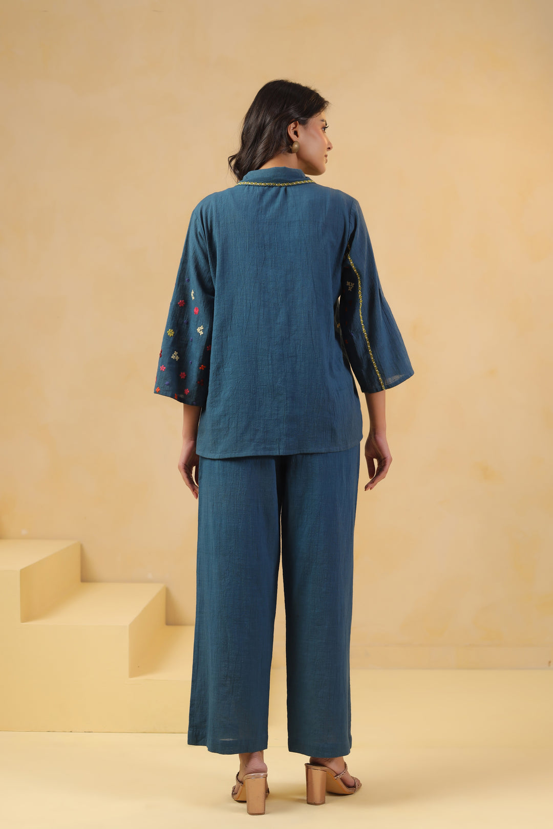 Teal Blue Cotton Flex Embroidered Designer Co-Ord Set