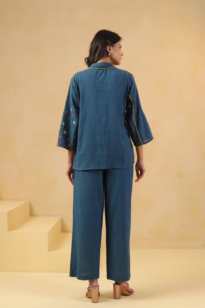 Teal Blue Cotton Flex Embroidered Designer Co-Ord Set