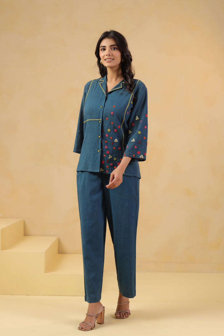 Teal Blue Cotton Flex Embroidered Designer Co-Ord Set